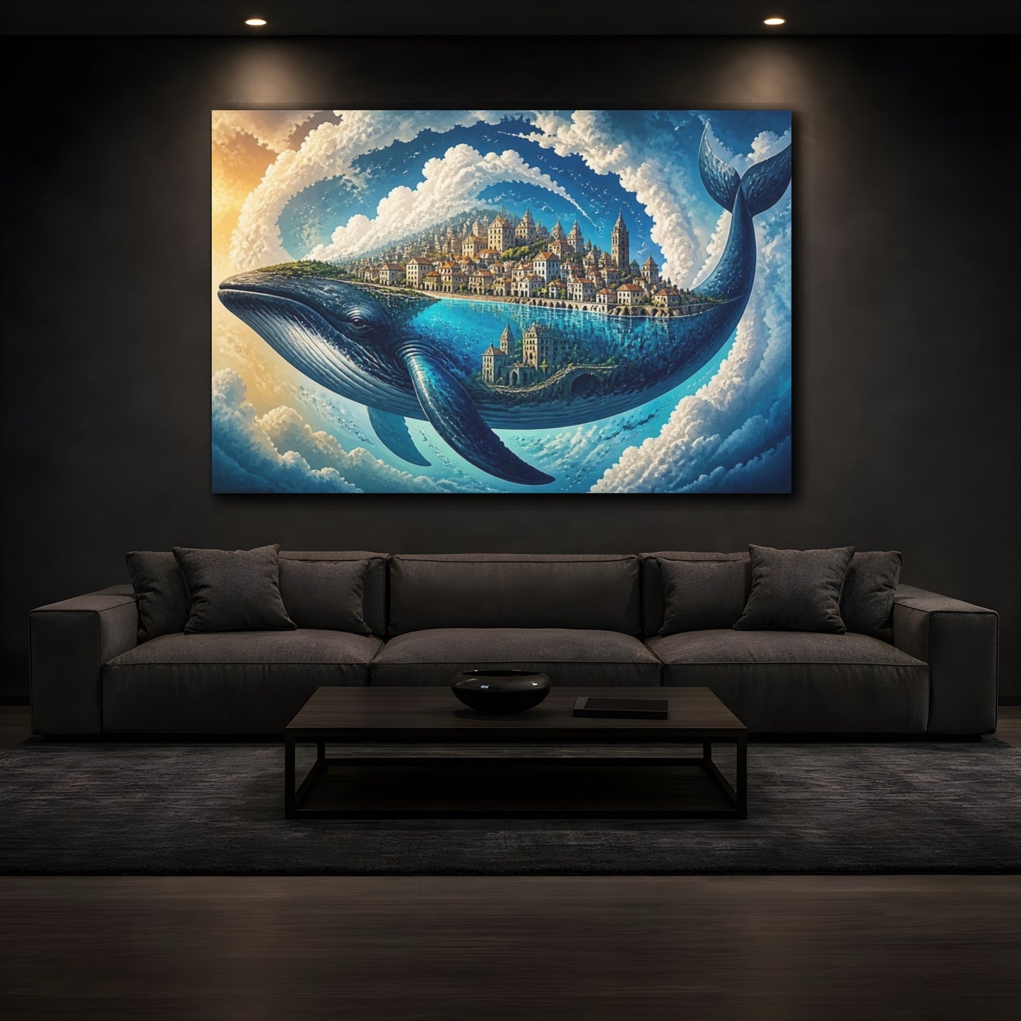 Mockup 3. Whale Illusion Cityscape shown as canvas print