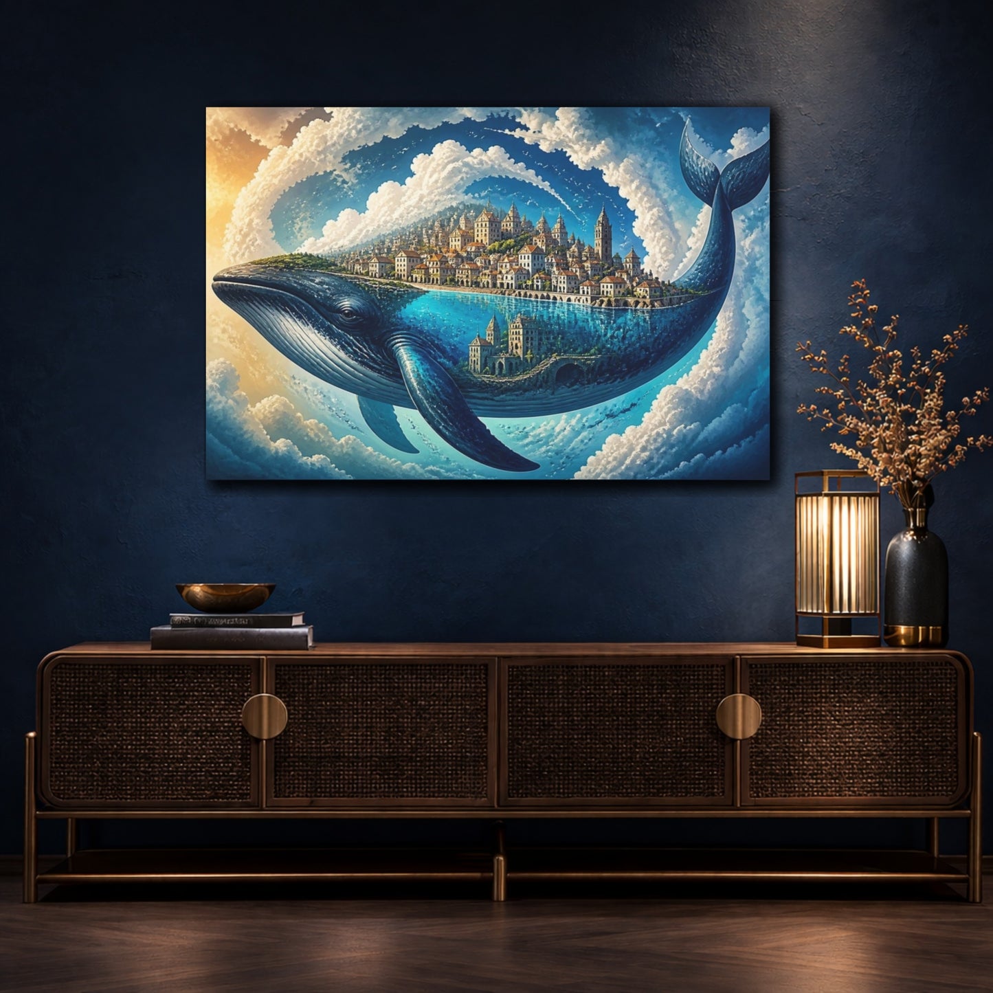 Mockup 4. Whale Illusion Cityscape shown as canvas print