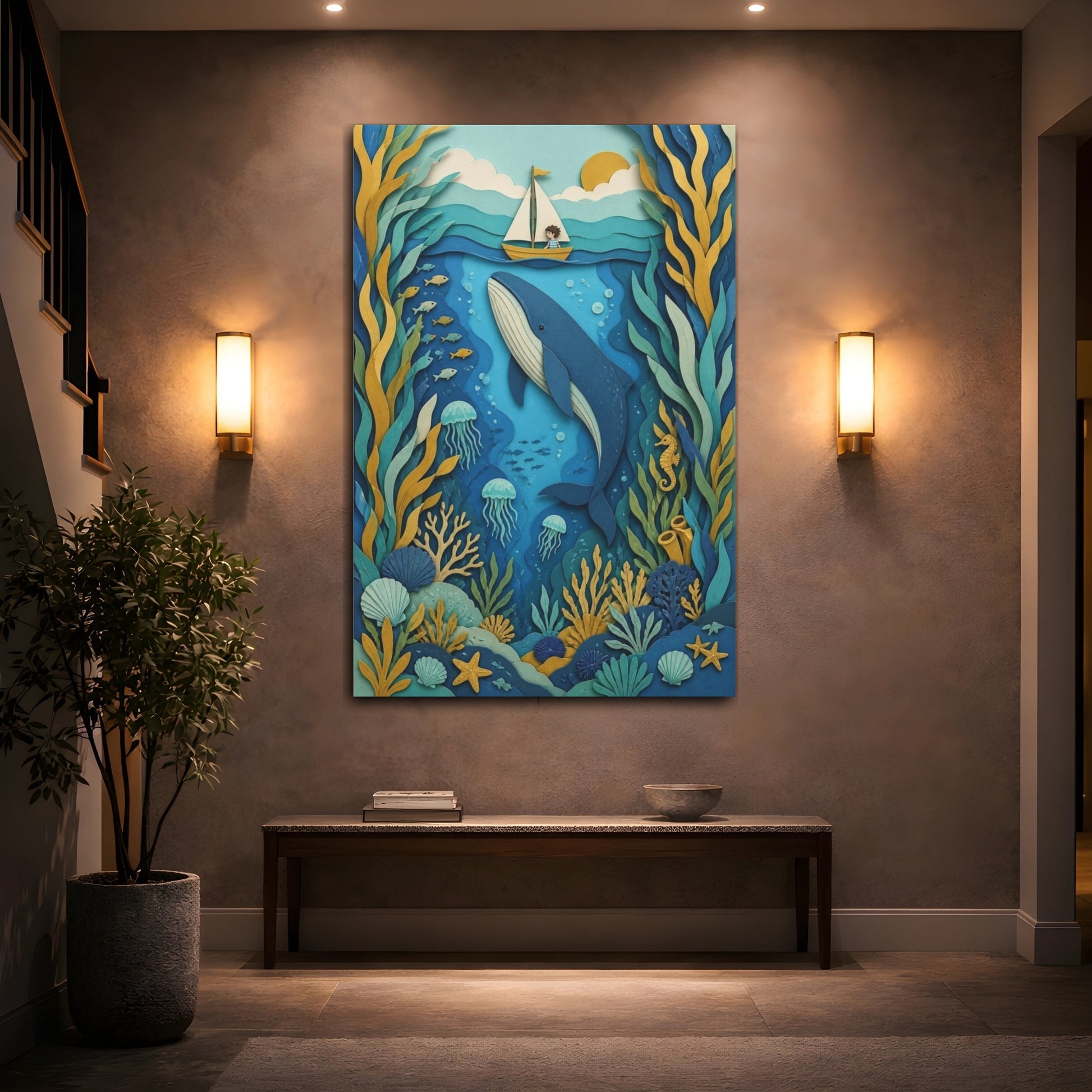 Mockup 2. Whale Sailboat Kids Room shown as canvas print