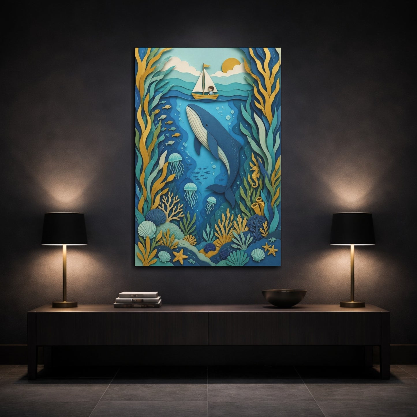 Mockup 3. Whale Sailboat Kids Room shown as canvas print