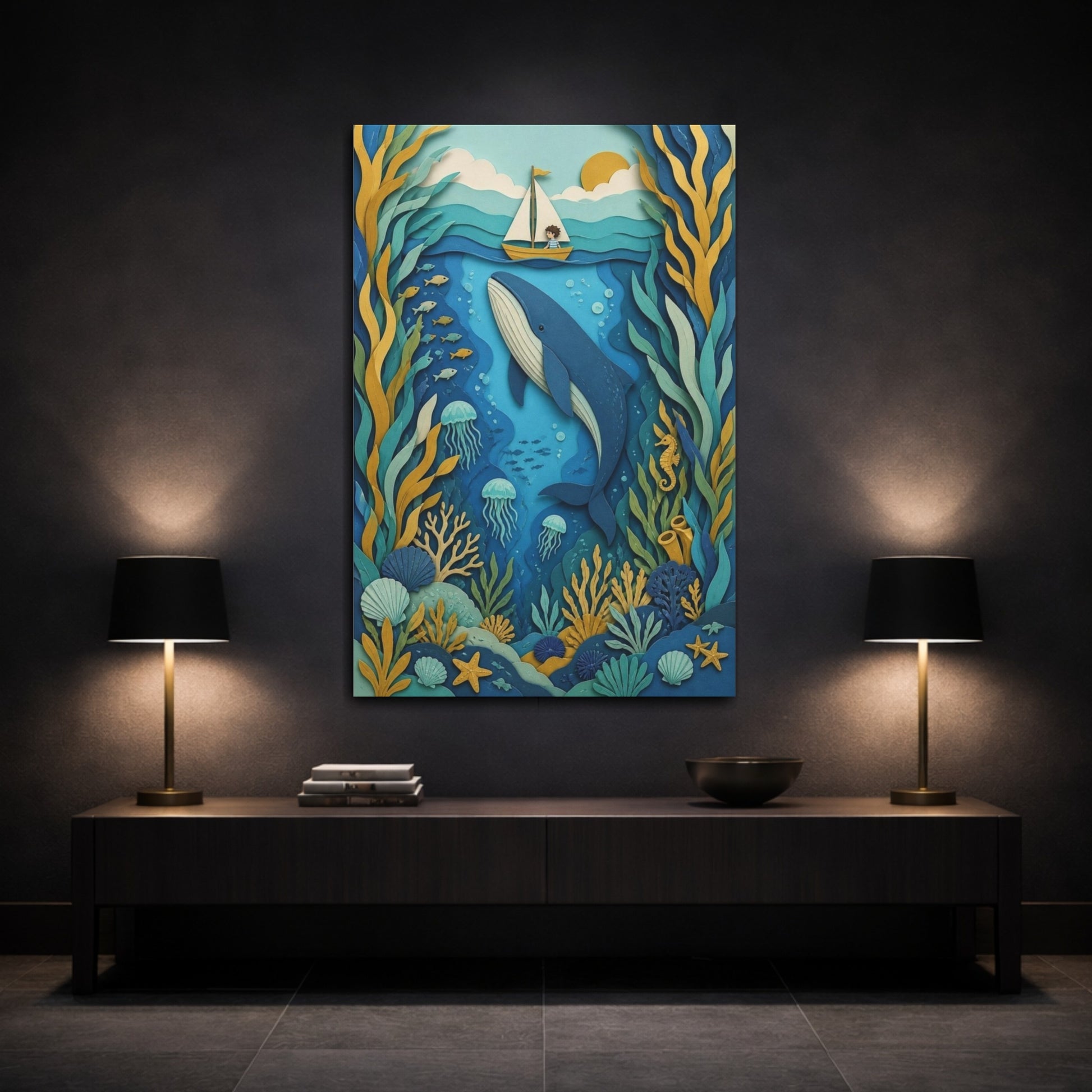 Mockup 3. Whale Sailboat Kids Room shown as canvas print