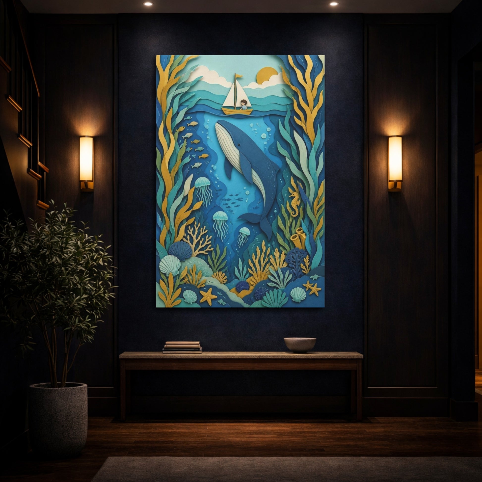Mockup 4. Whale Sailboat Kids Room shown as canvas print