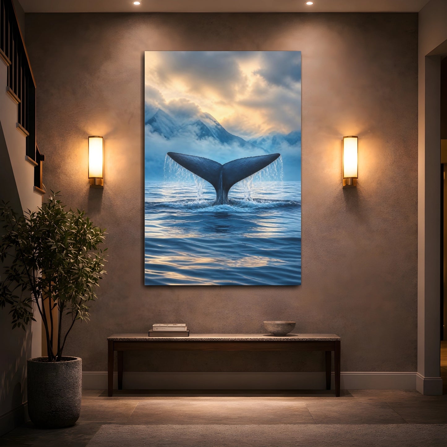 Mockup 2. Whale Tail Animals Sunrise shown as canvas print