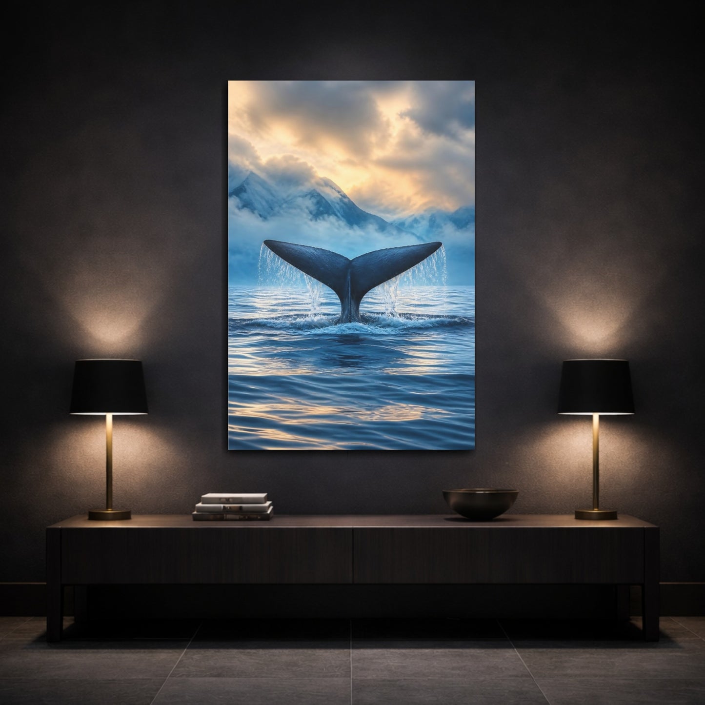 Mockup 3. Whale Tail Animals Sunrise shown as canvas print
