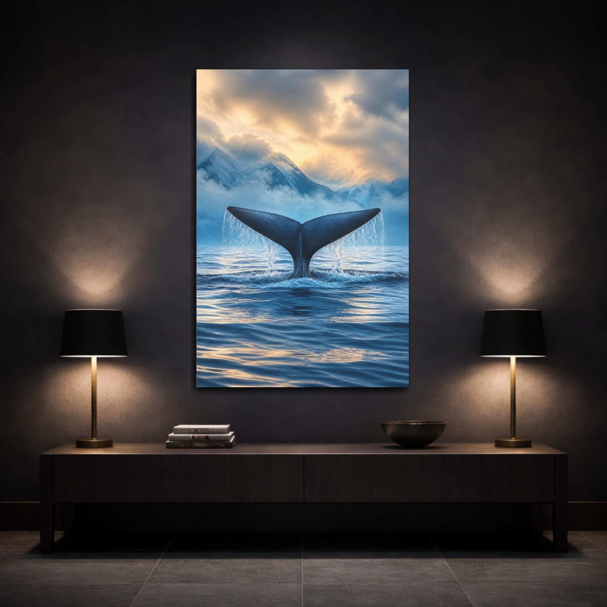 Mockup 3. Whale Tail Animals Sunrise shown as canvas print