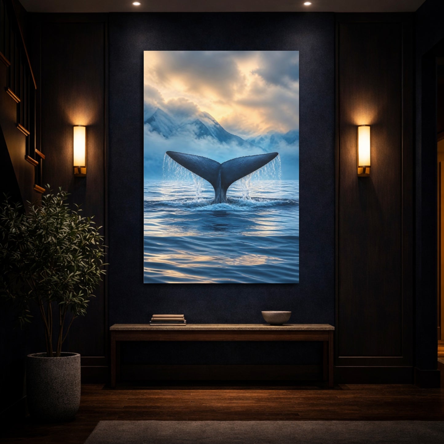 Mockup 4. Whale Tail Animals Sunrise shown as canvas print