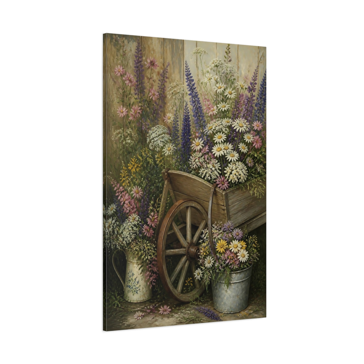 Side Mockup 1. Wheelbarrow Of Flowers shown as canvas print