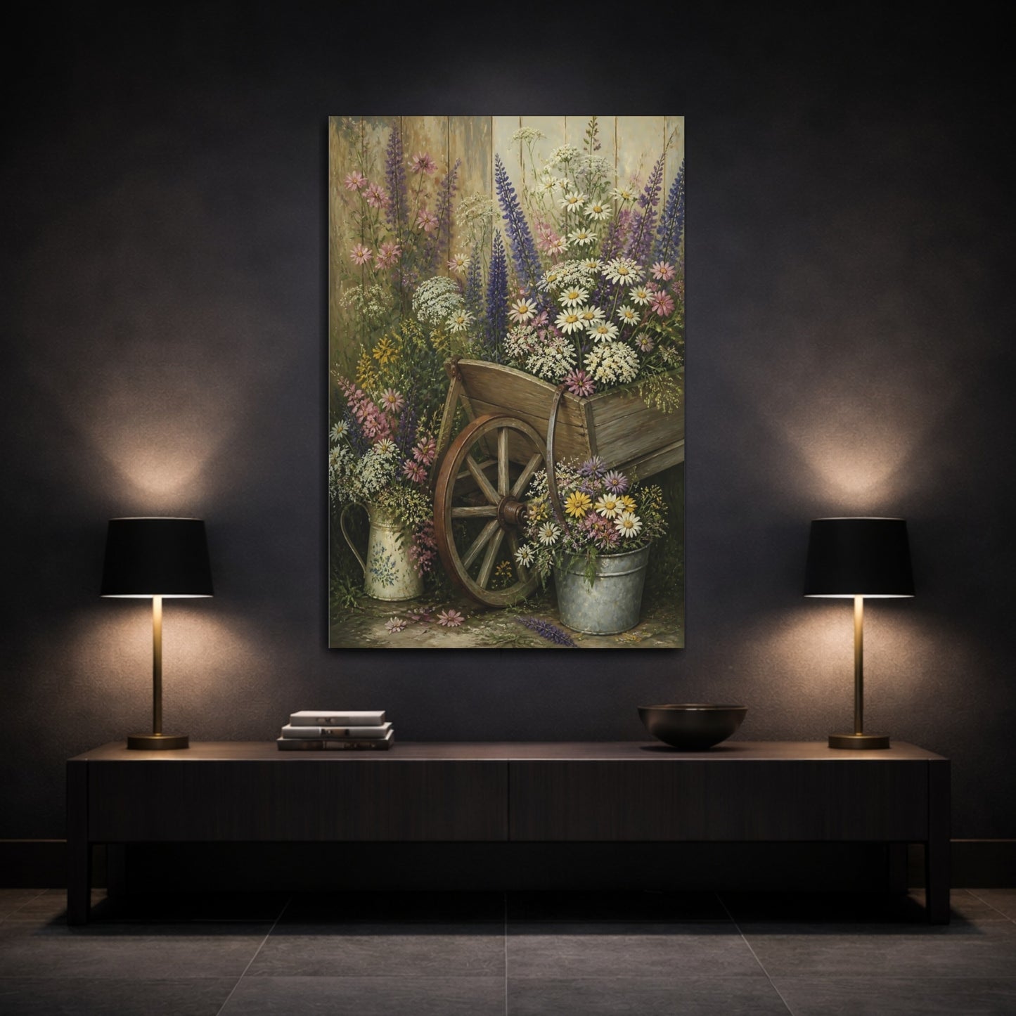 Mockup 3. Wheelbarrow Of Flowers shown as canvas print