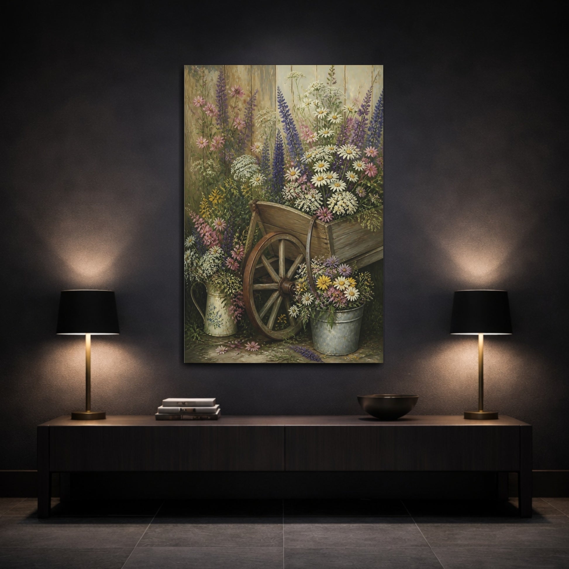 Mockup 3. Wheelbarrow Of Flowers shown as canvas print