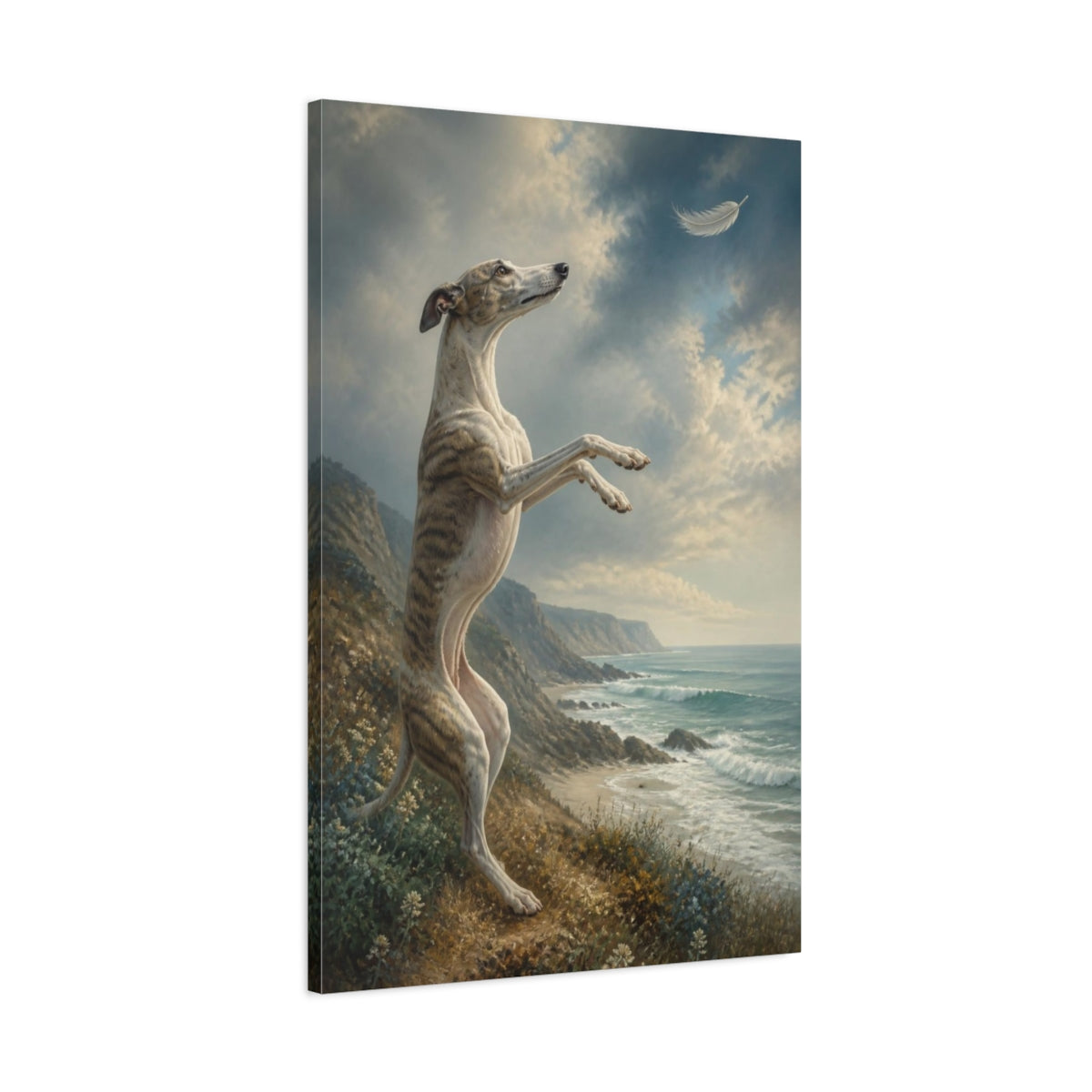 Main Mockup. Whippet Pet On Bluff shown as canvas print