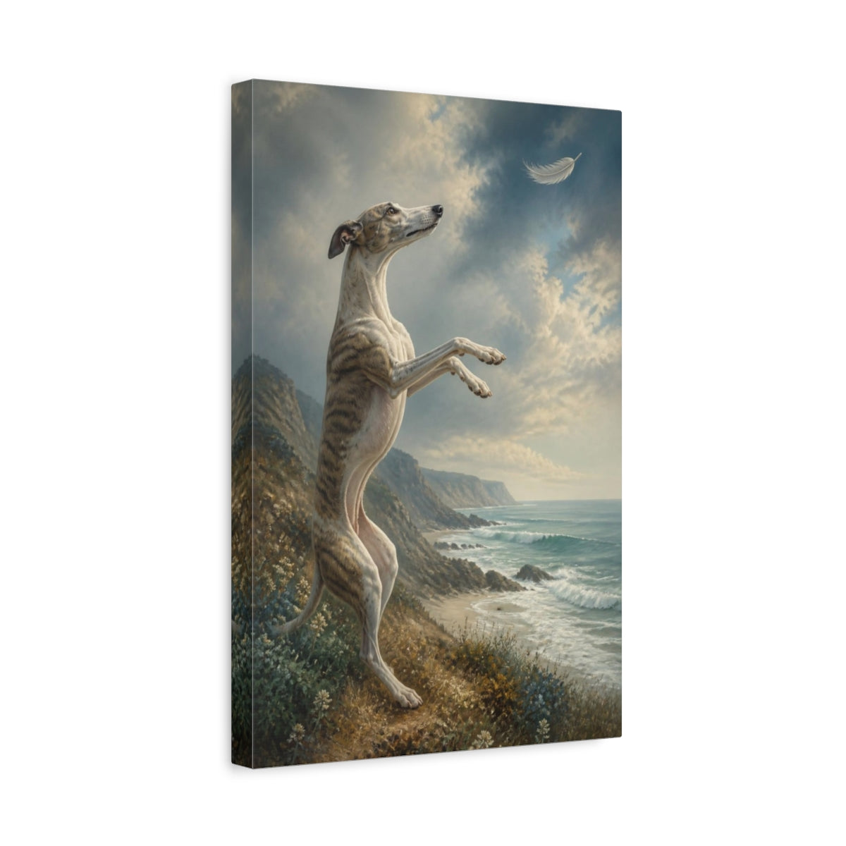 Side Mockup 4. Whippet Pet On Bluff shown as canvas print