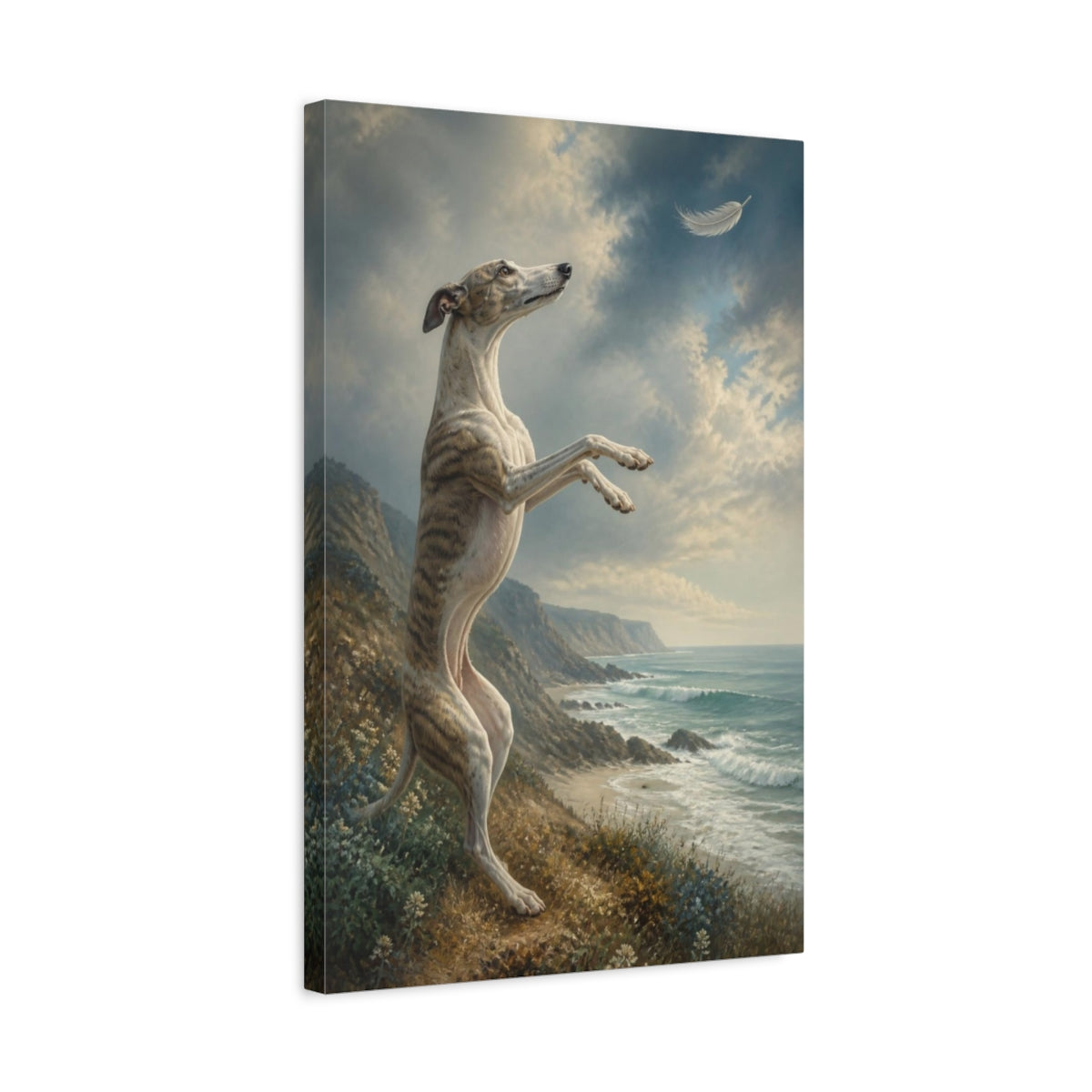 Side Mockup 3. Whippet Pet On Bluff shown as canvas print