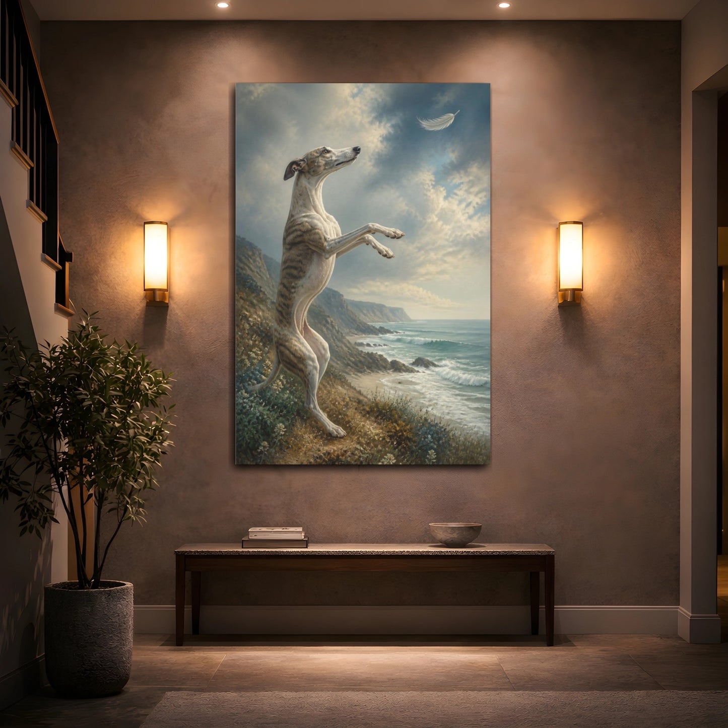Mockup 2. Whippet Pet On Bluff shown as canvas print