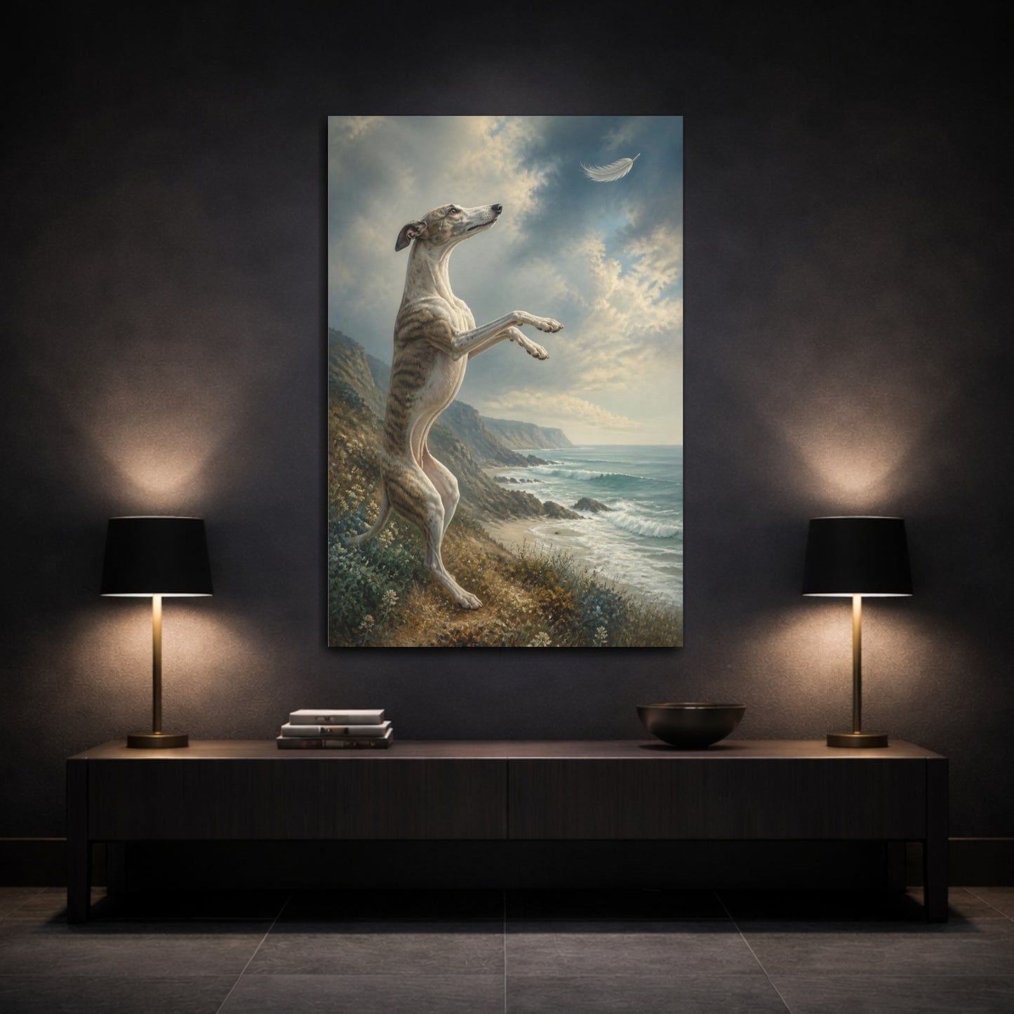 Mockup 3. Whippet Pet On Bluff shown as canvas print