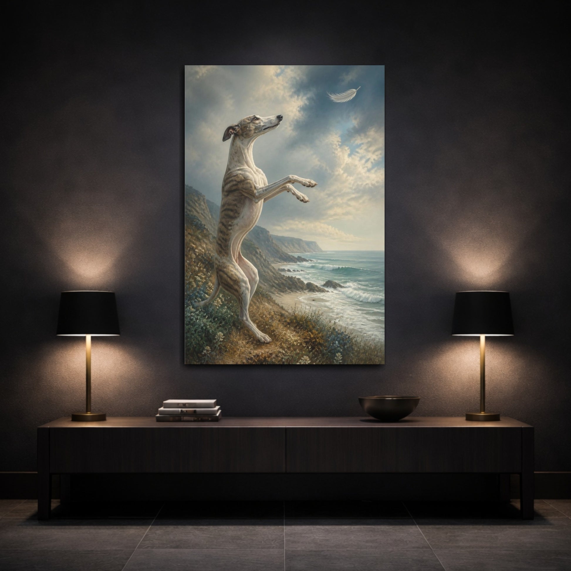 Mockup 3. Whippet Pet On Bluff shown as canvas print