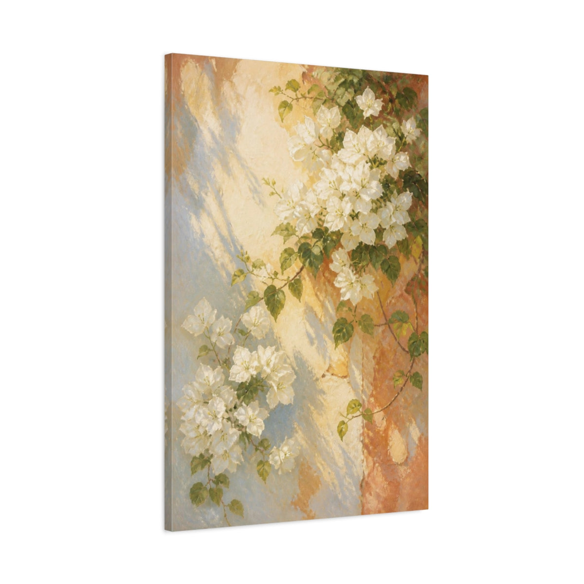 Main Mockup. White Bougainvillea Flowers On Wall shown as canvas print