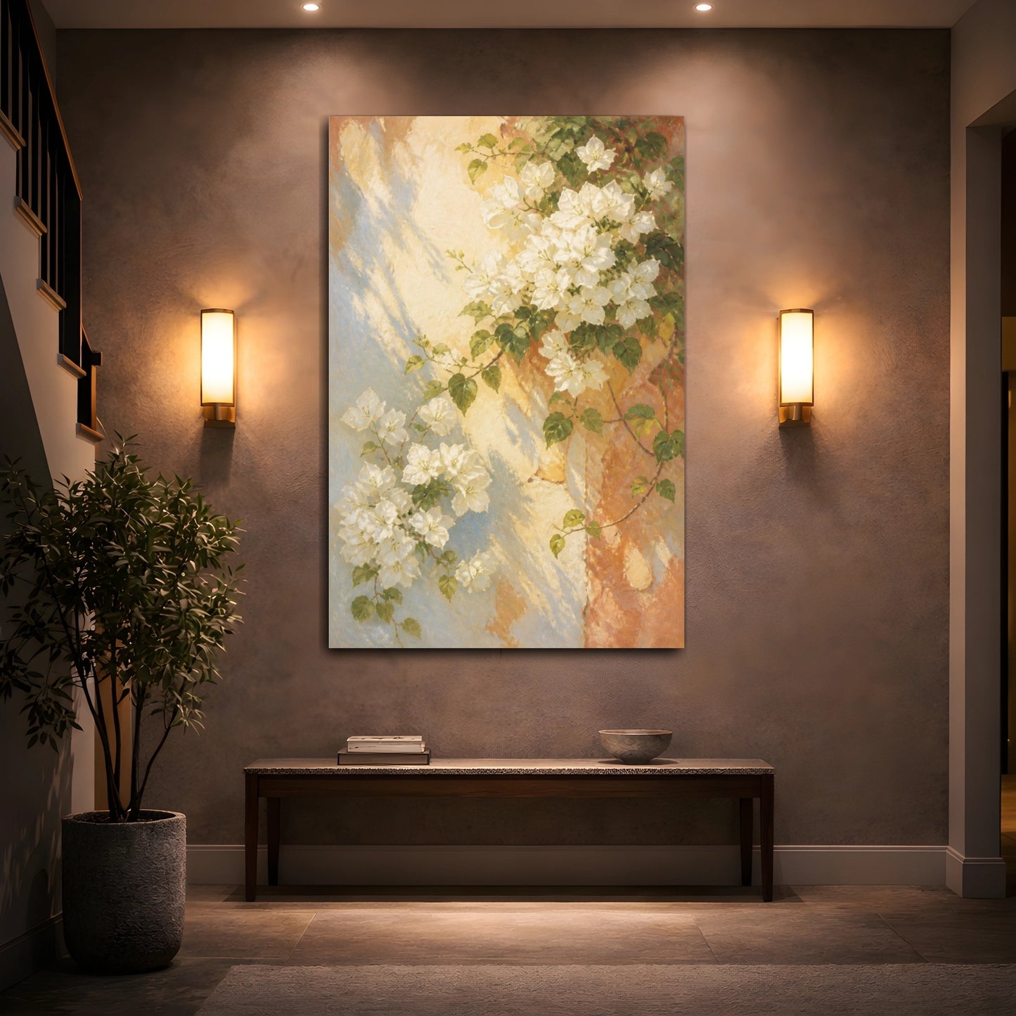 Mockup 2. White Bougainvillea Flowers On Wall shown as canvas print