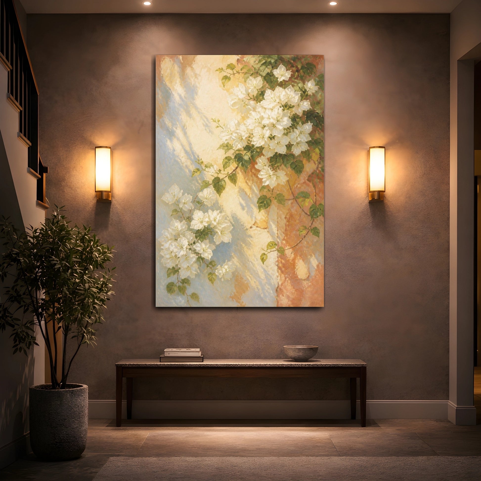 Mockup 2. White Bougainvillea Flowers On Wall shown as canvas print