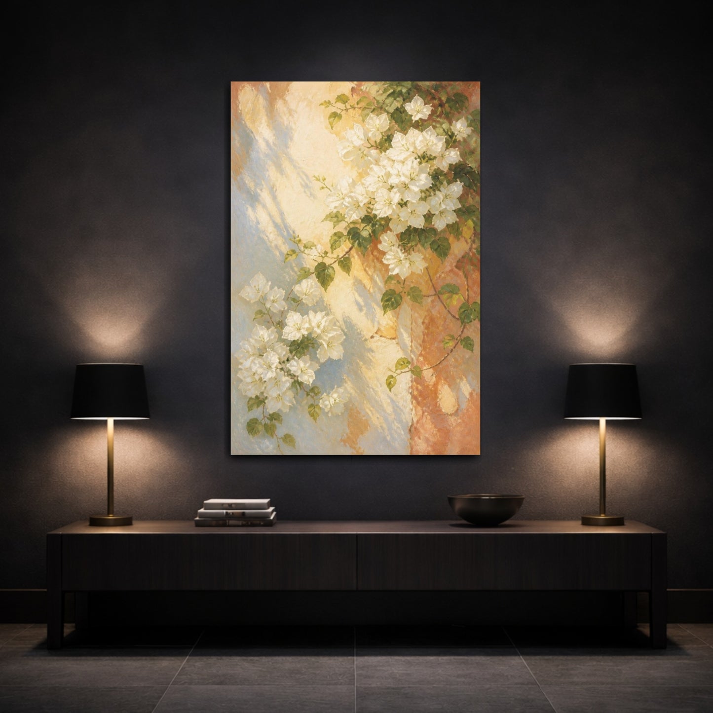 Mockup 3. White Bougainvillea Flowers On Wall shown as canvas print