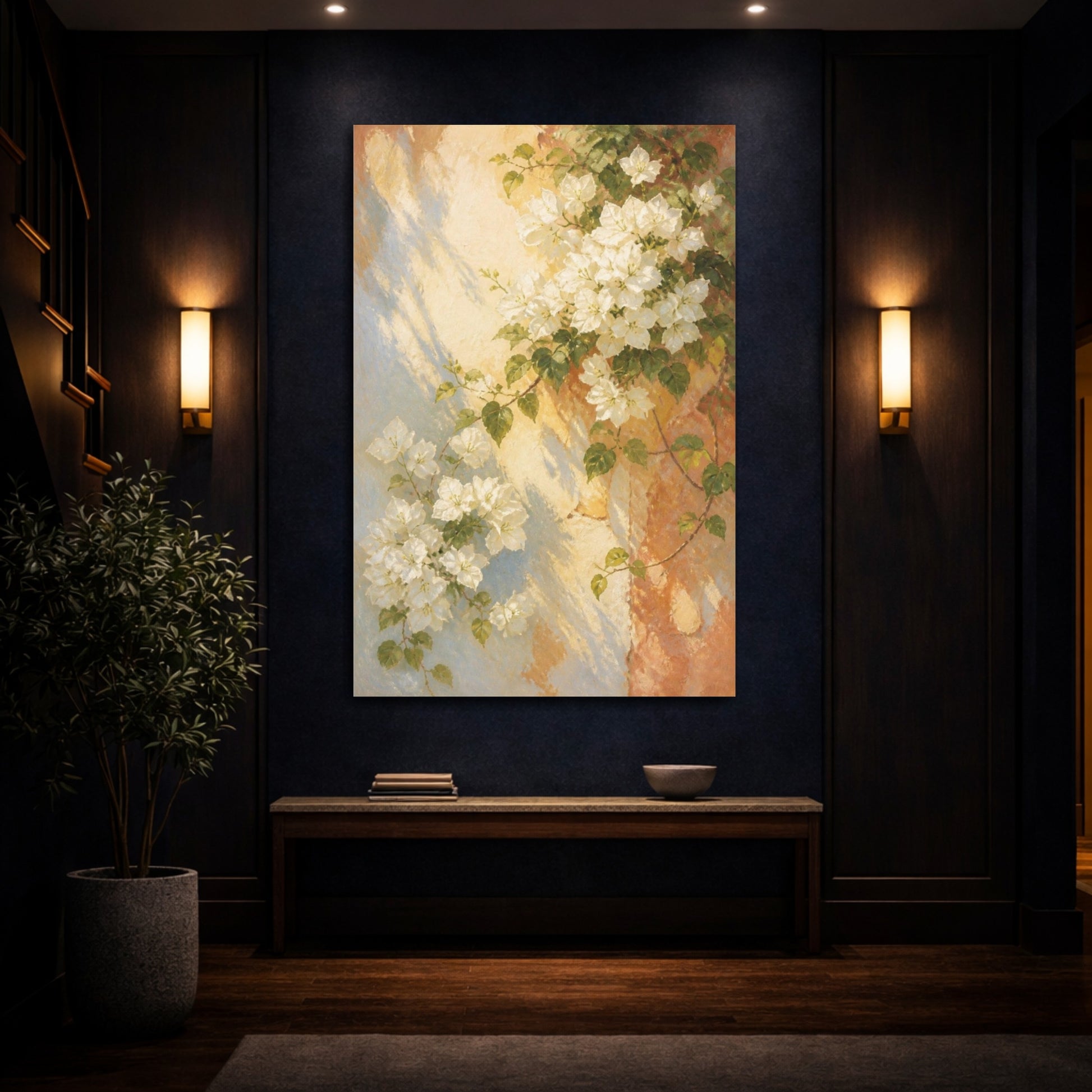 Mockup 4. White Bougainvillea Flowers On Wall shown as canvas print