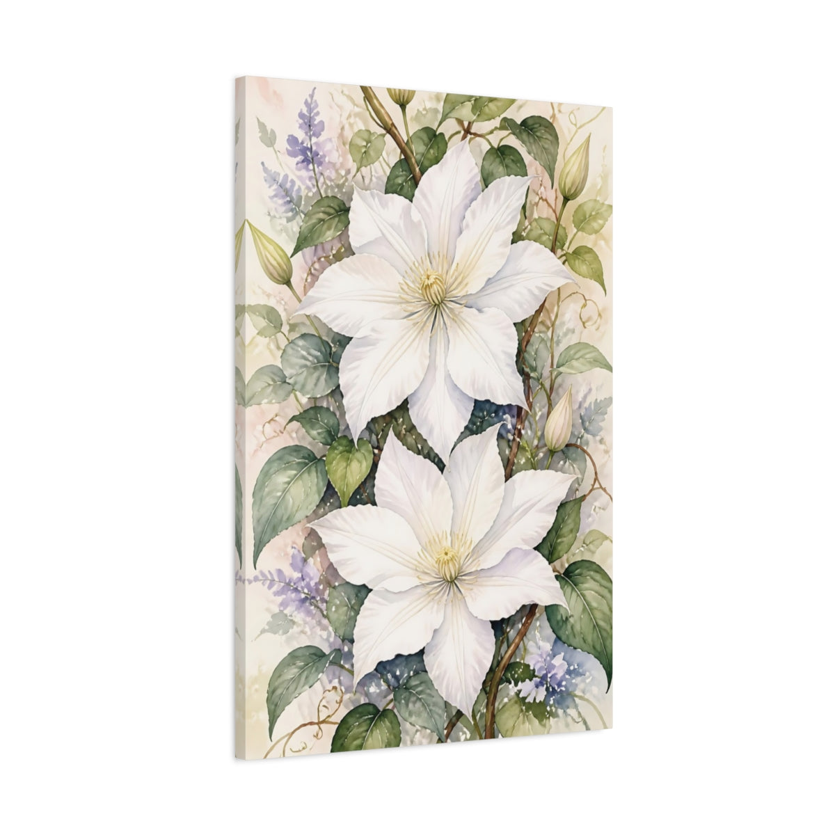 Main Mockup. White Clematis Flowers shown as canvas print