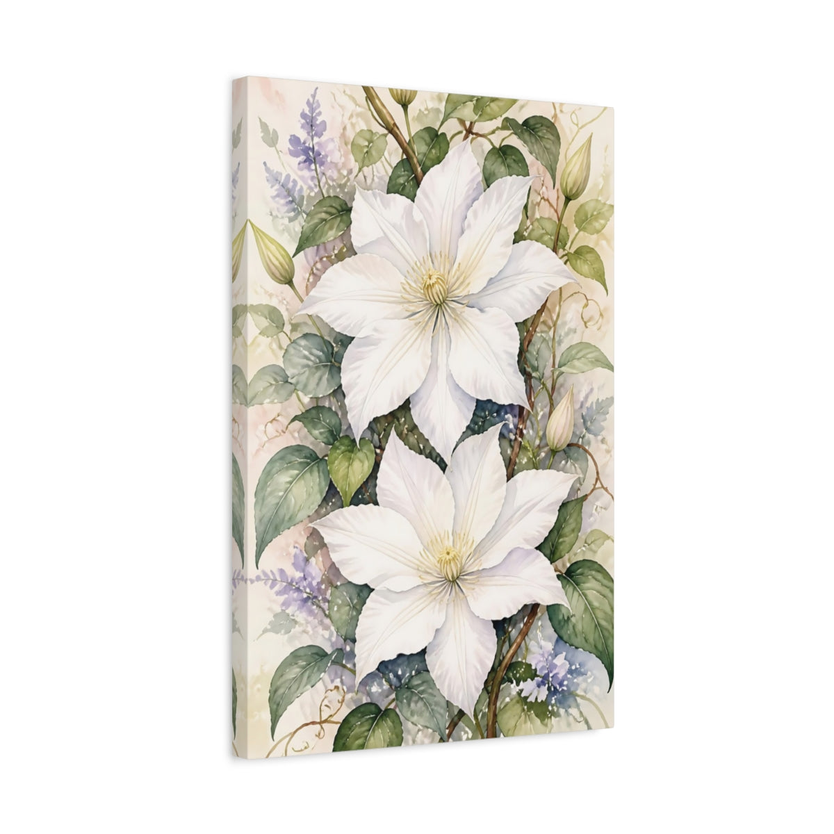 Side Mockup 3. White Clematis Flowers shown as canvas print