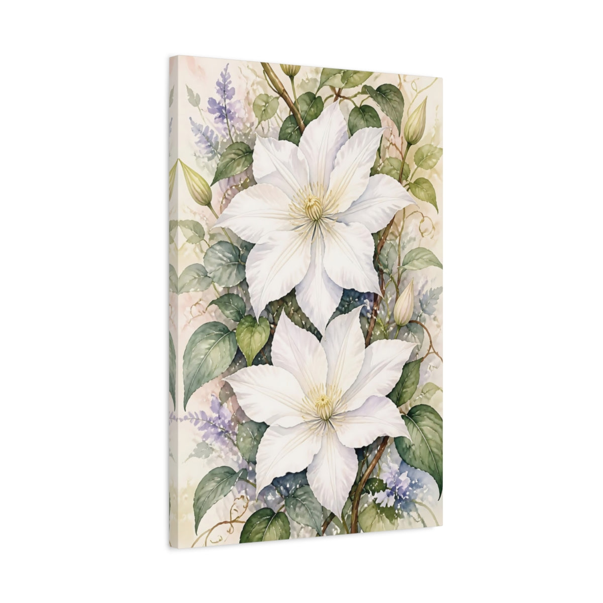 Side Mockup 2. White Clematis Flowers shown as canvas print
