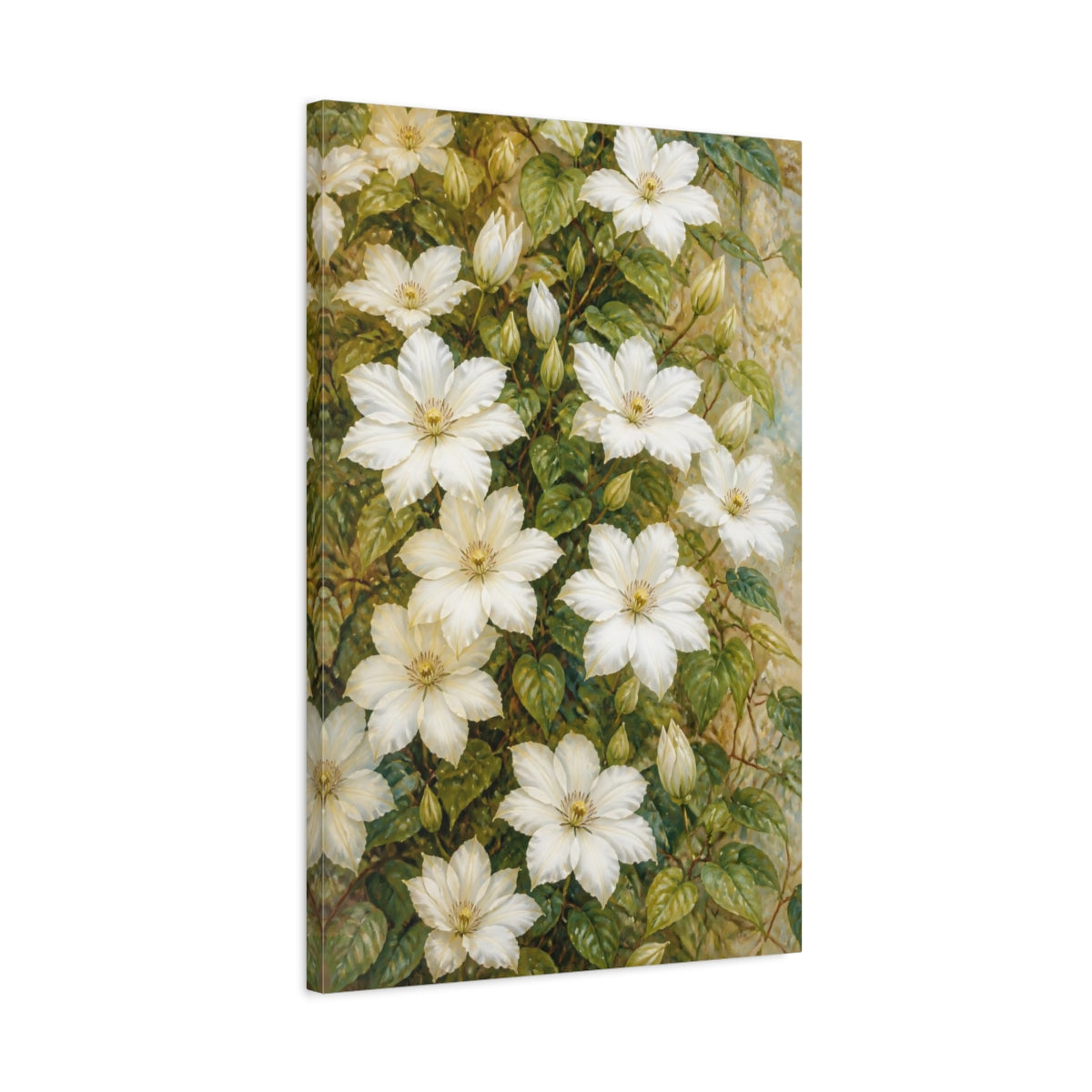 Side Mockup 2. White Clematis Flowers shown as canvas print