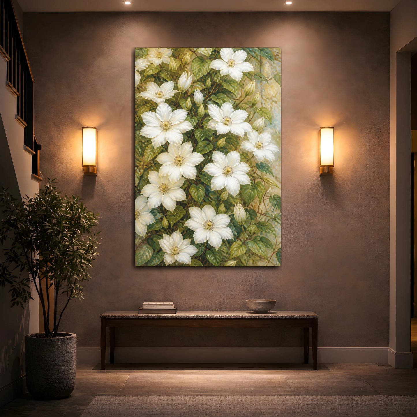 Mockup 2. White Clematis Flowers shown as canvas print