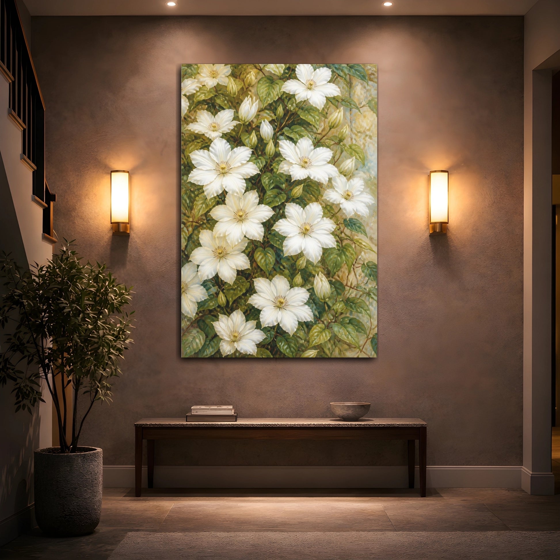 Mockup 2. White Clematis Flowers shown as canvas print