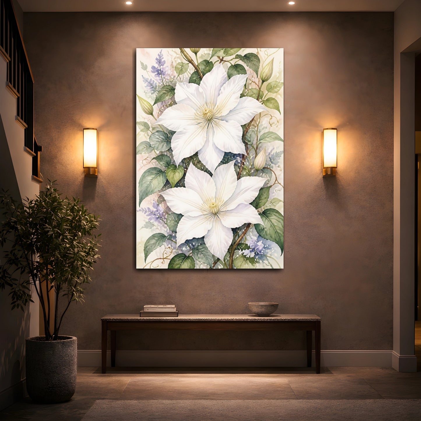 Mockup 2. White Clematis Flowers shown as canvas print
