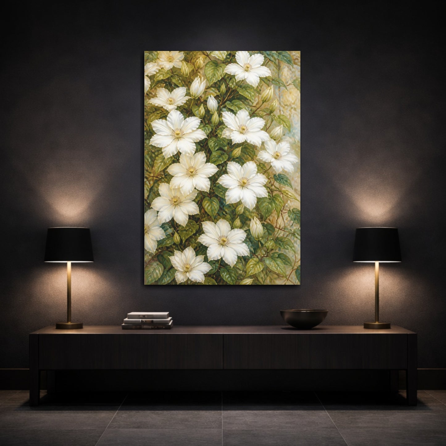 Mockup 3. White Clematis Flowers shown as canvas print