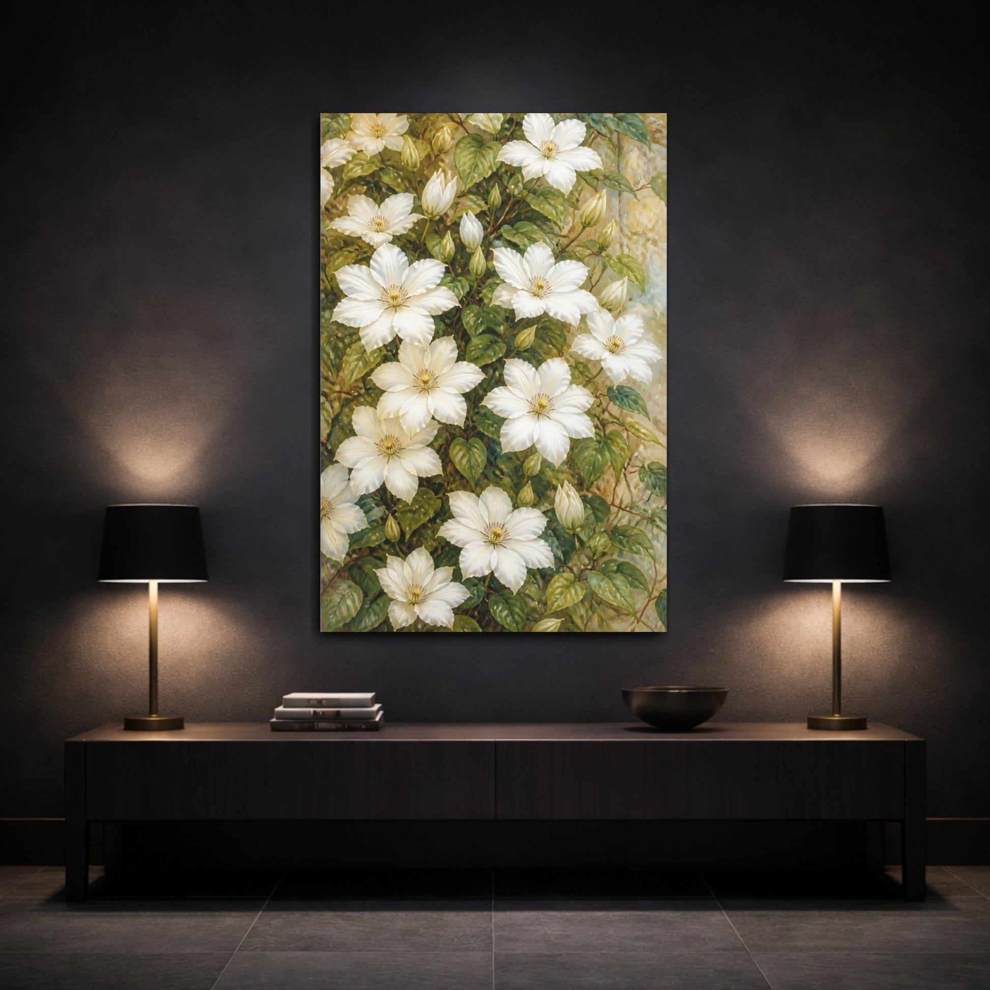Mockup 3. White Clematis Flowers shown as canvas print