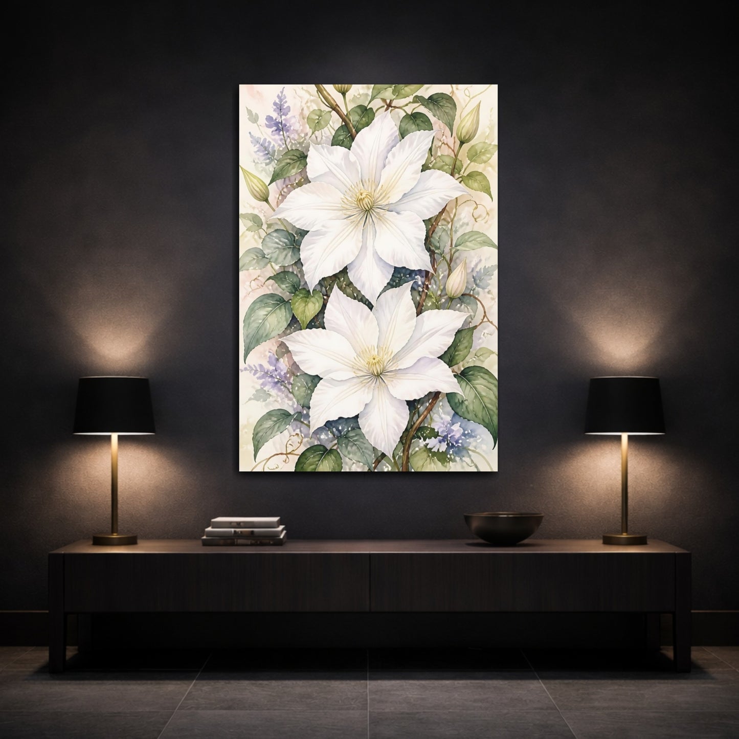 Mockup 3. White Clematis Flowers shown as canvas print