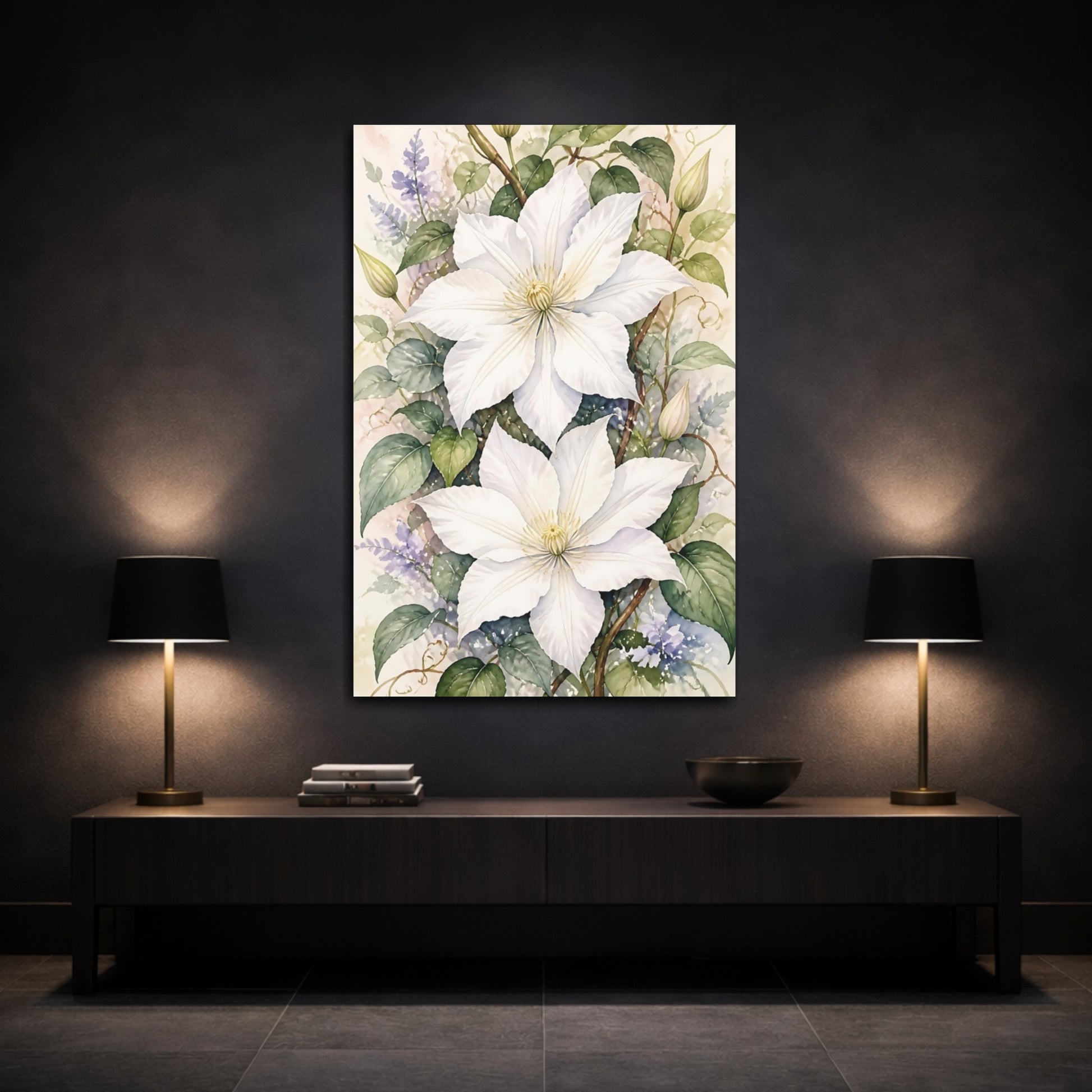 Mockup 3. White Clematis Flowers shown as canvas print