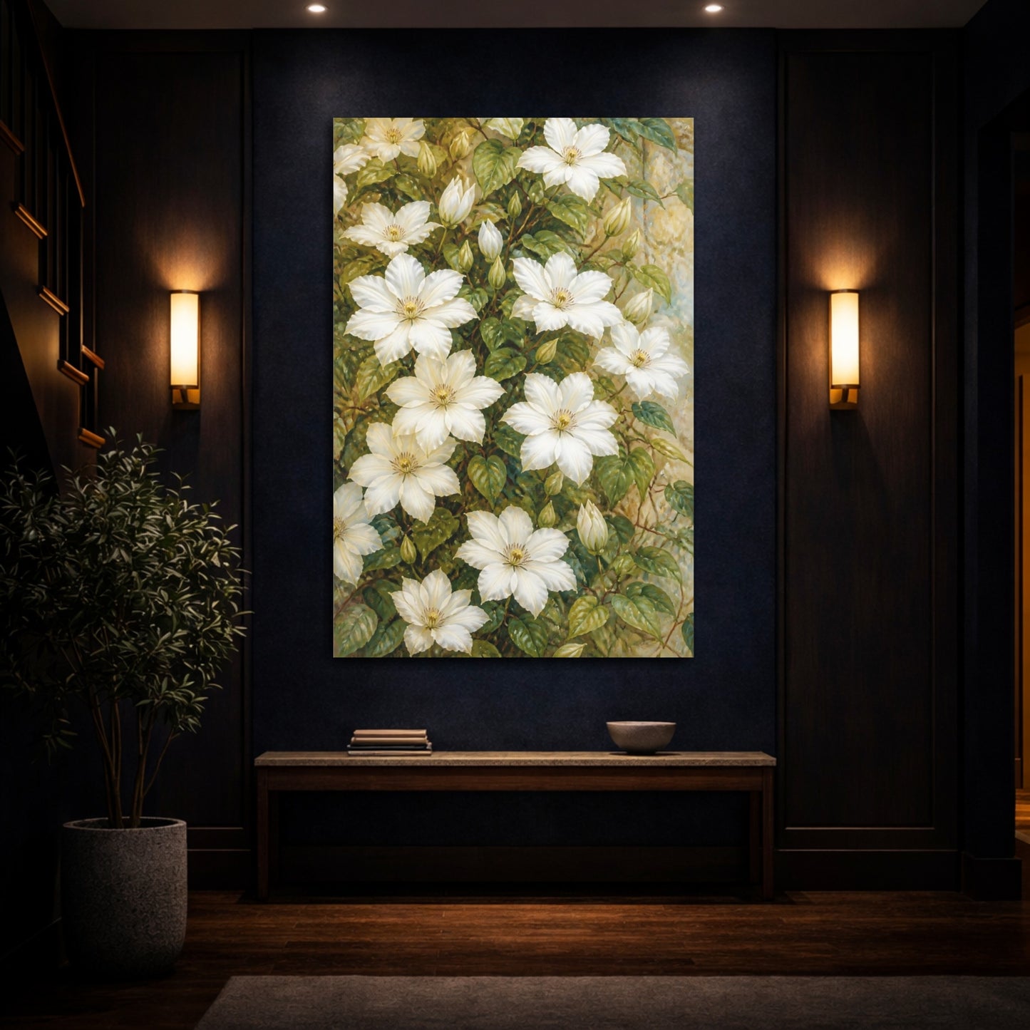 Mockup 4. White Clematis Flowers shown as canvas print