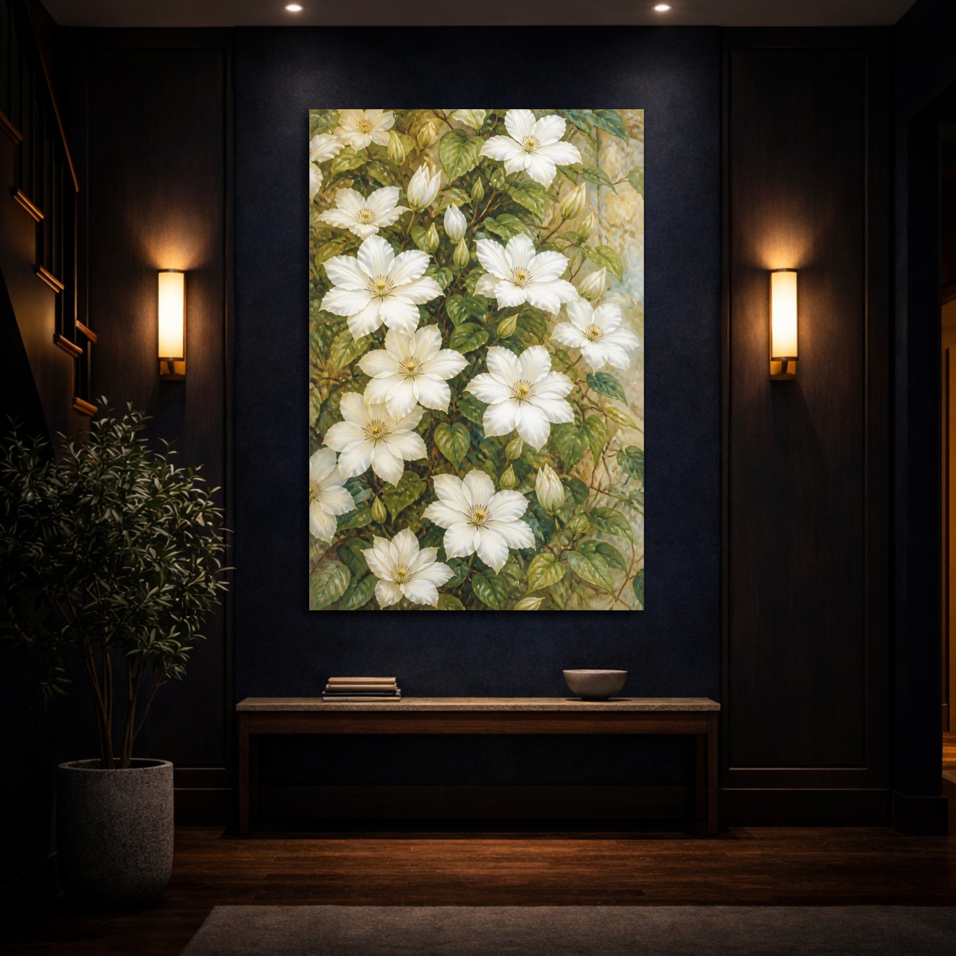 Mockup 4. White Clematis Flowers shown as canvas print