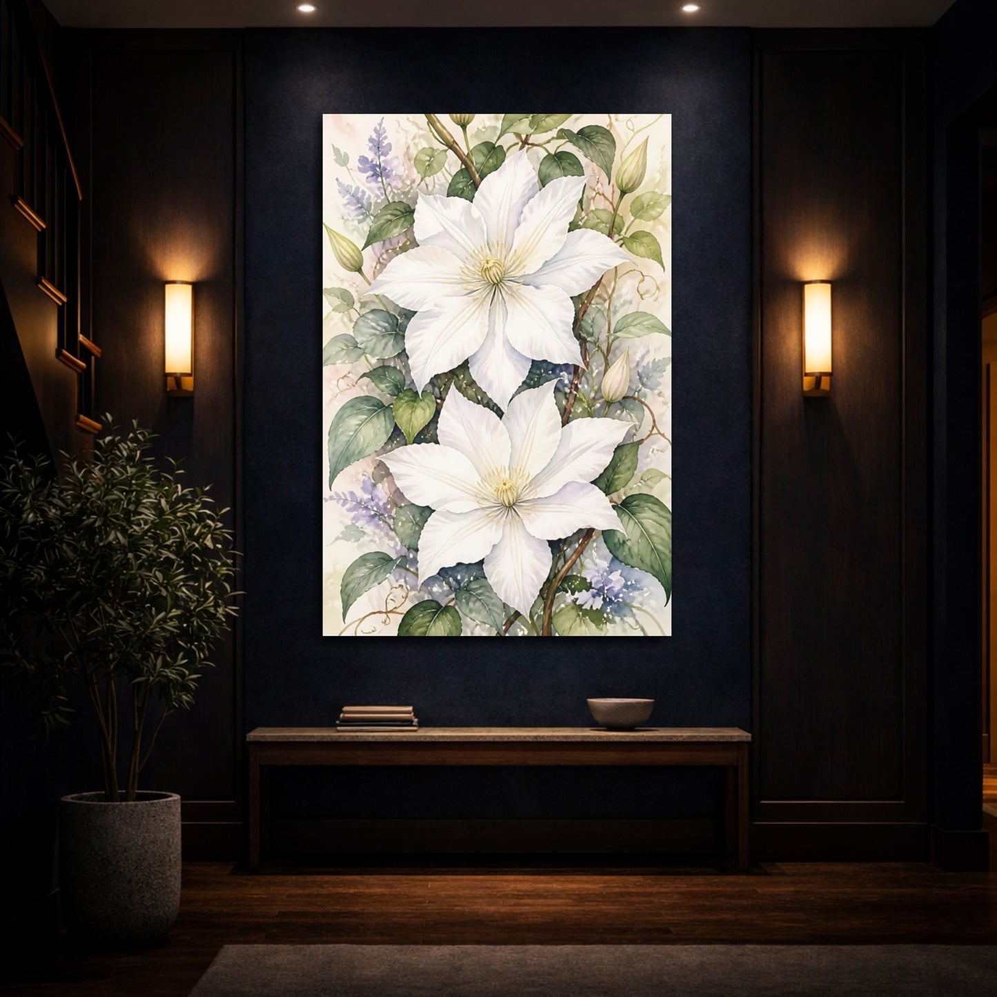 Mockup 4. White Clematis Flowers shown as canvas print