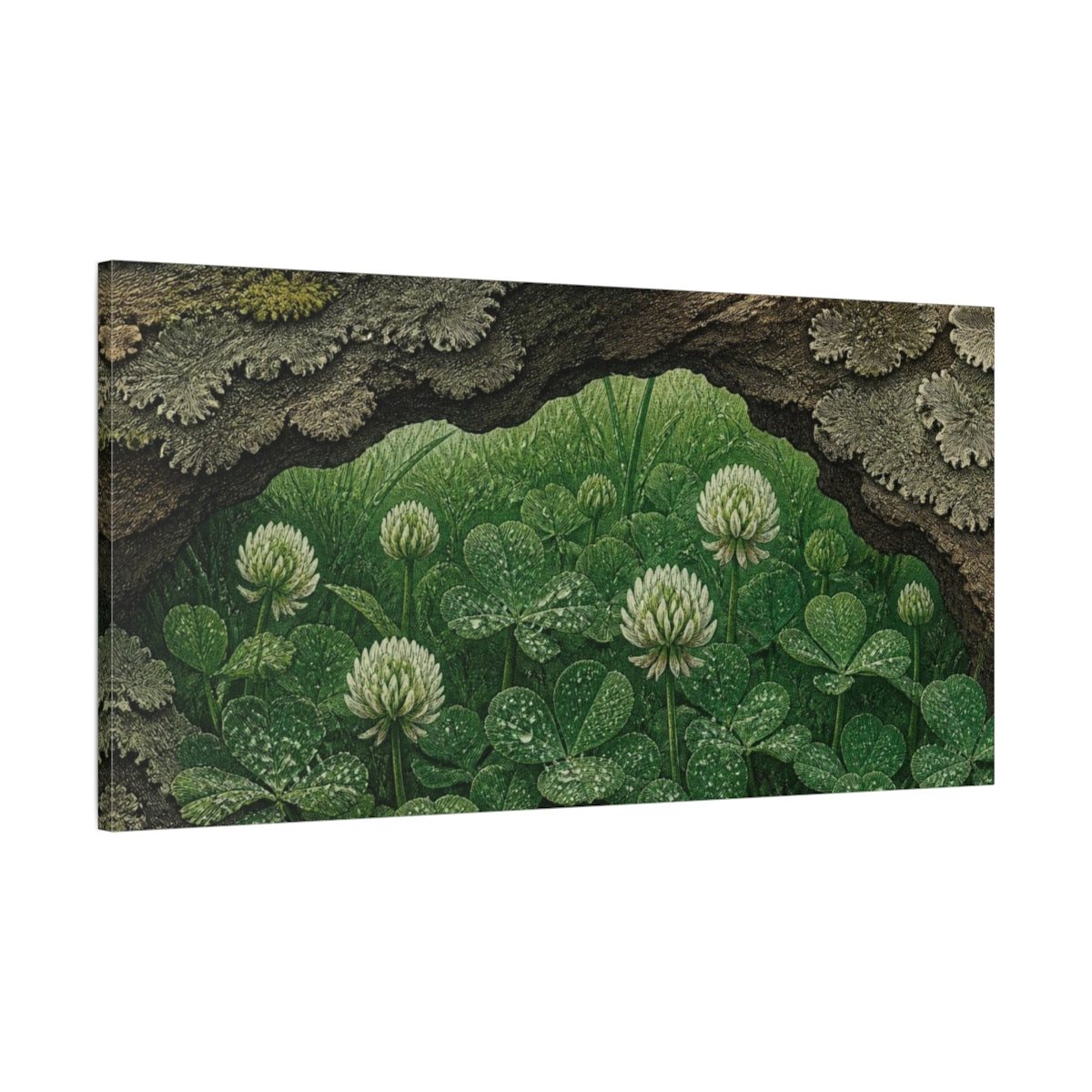 Main Mockup. White Clover Nature Study shown as canvas print