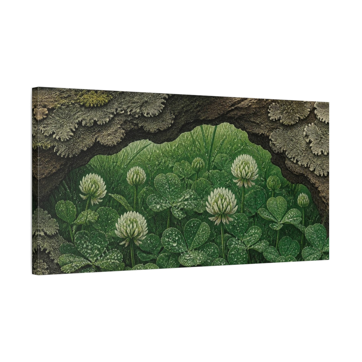 Side Mockup 1. White Clover Nature Study shown as canvas print