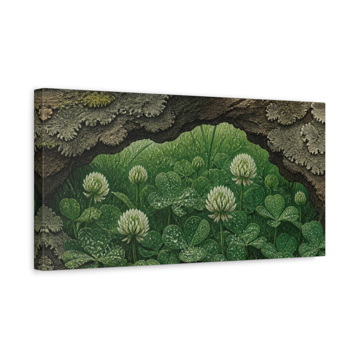Side Mockup 3. White Clover Nature Study shown as canvas print