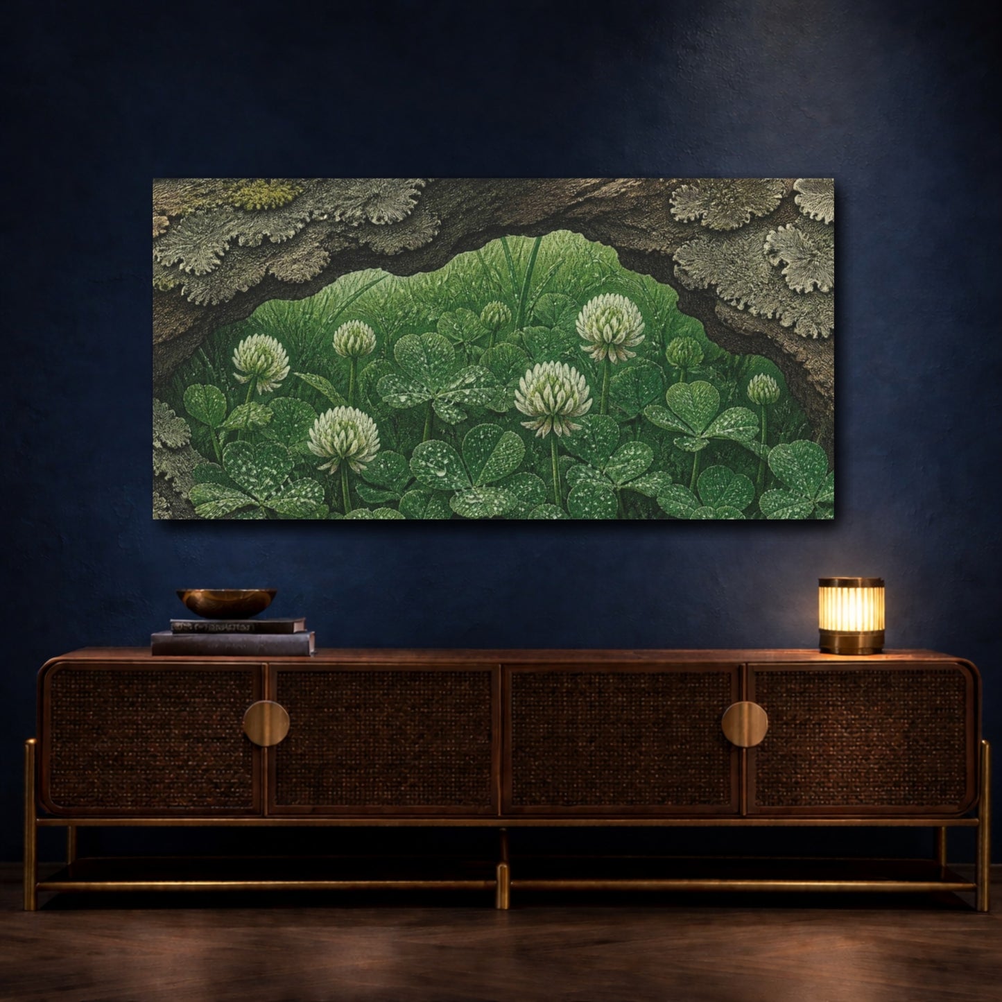 Mockup 4. White Clover Nature Study shown as canvas print