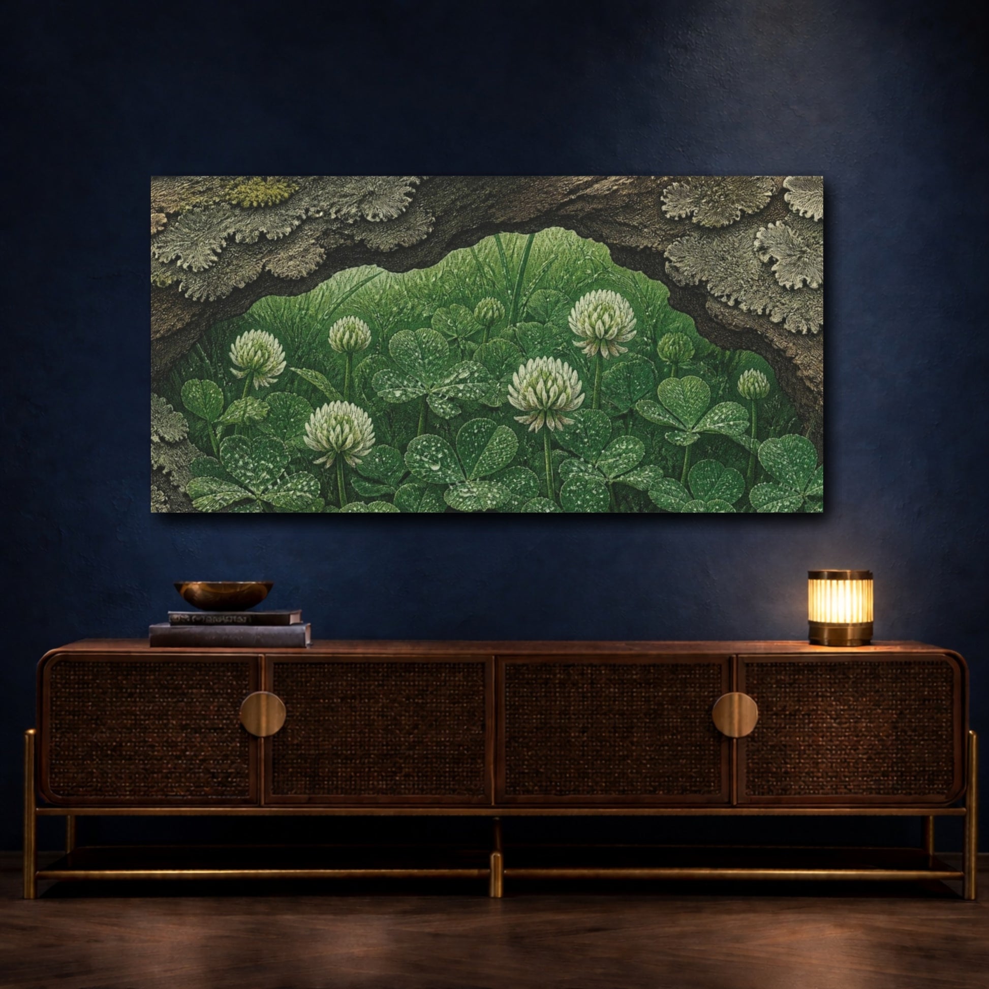 Mockup 4. White Clover Nature Study shown as canvas print