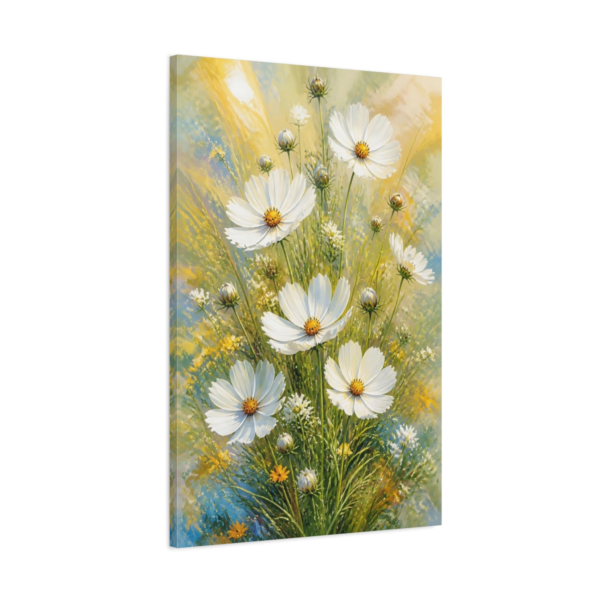 Main Mockup. White Cosmos Flowers Bouquet shown as canvas print