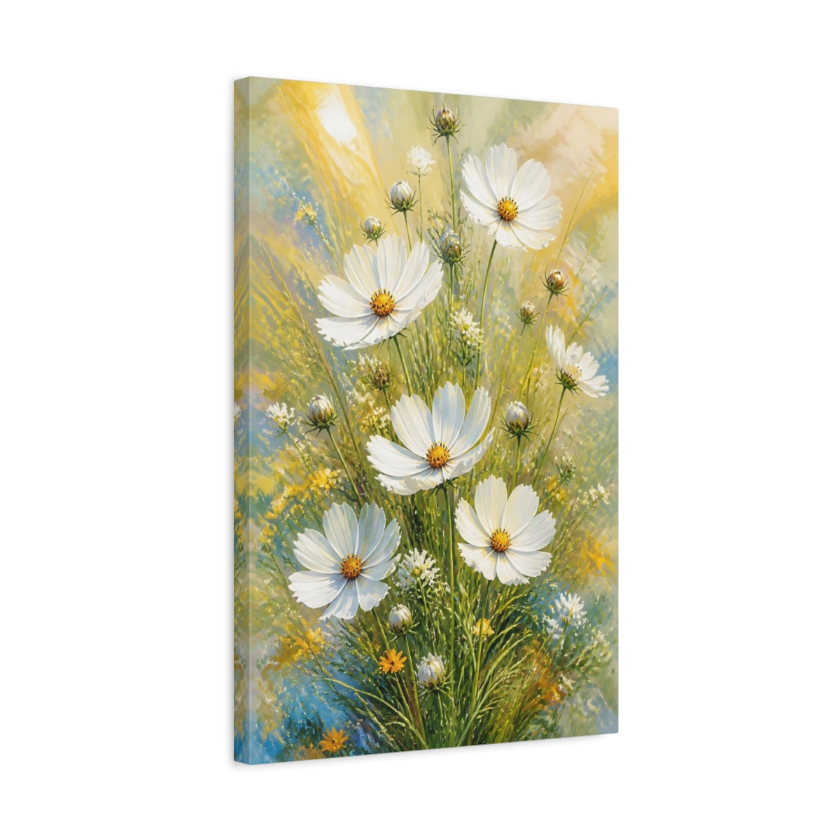 Side Mockup 3. White Cosmos Flowers Bouquet shown as canvas print