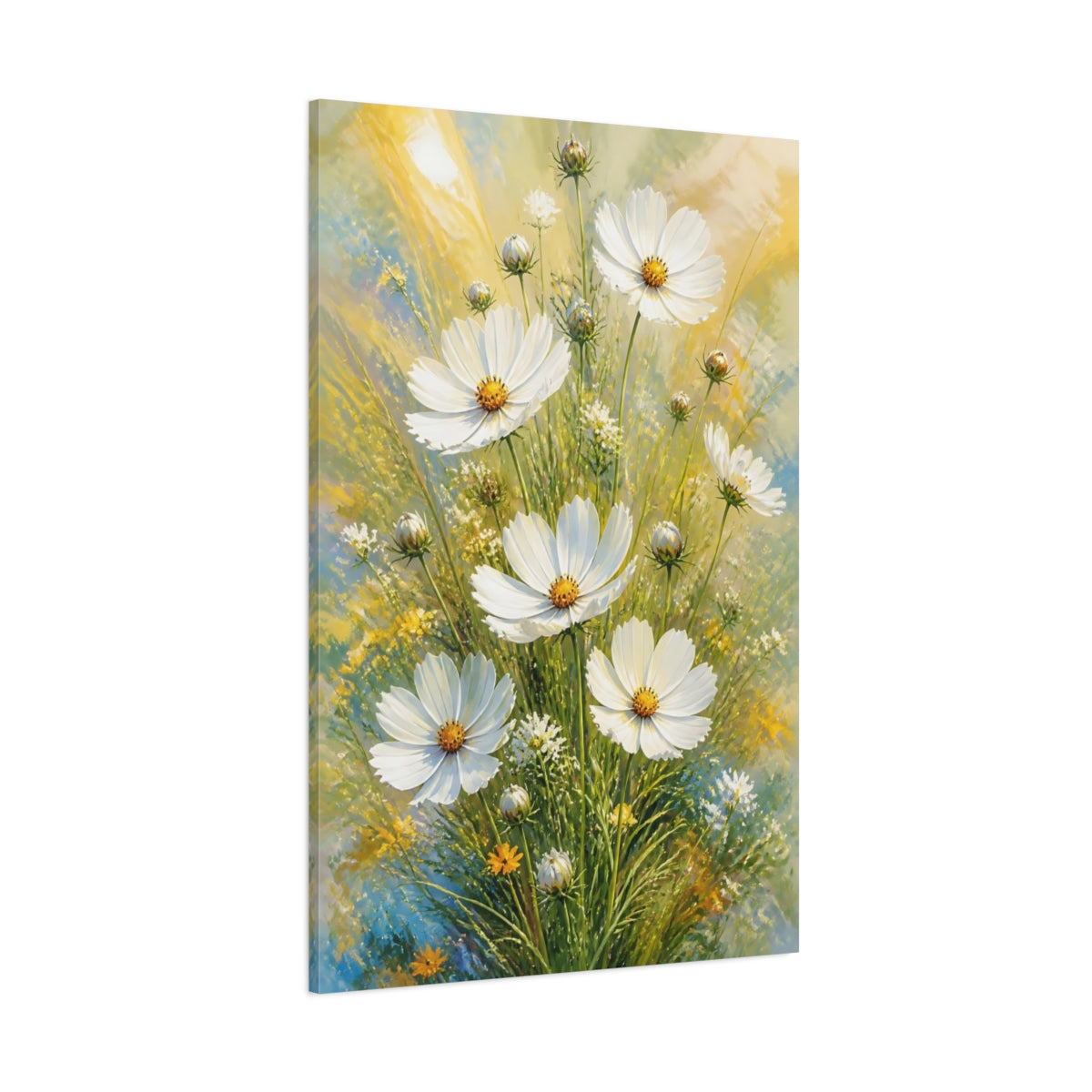 Side Mockup 1. White Cosmos Flowers Bouquet shown as canvas print