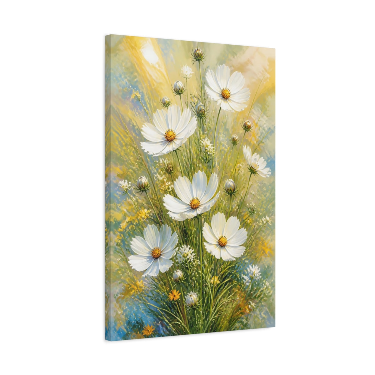 Side Mockup 2. White Cosmos Flowers Bouquet shown as canvas print