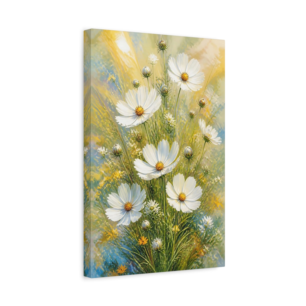 Side Mockup 4. White Cosmos Flowers Bouquet shown as canvas print