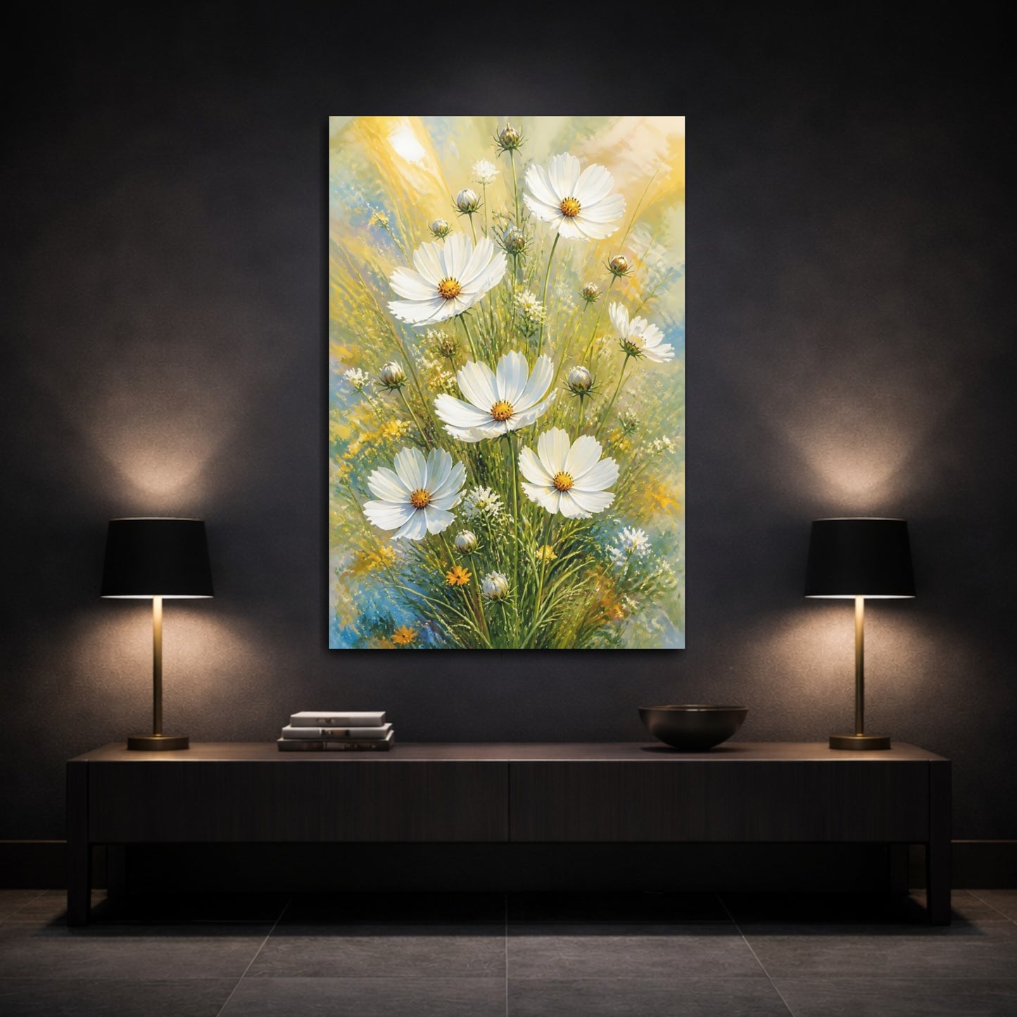Mockup 3. White Cosmos Flowers Bouquet shown as canvas print