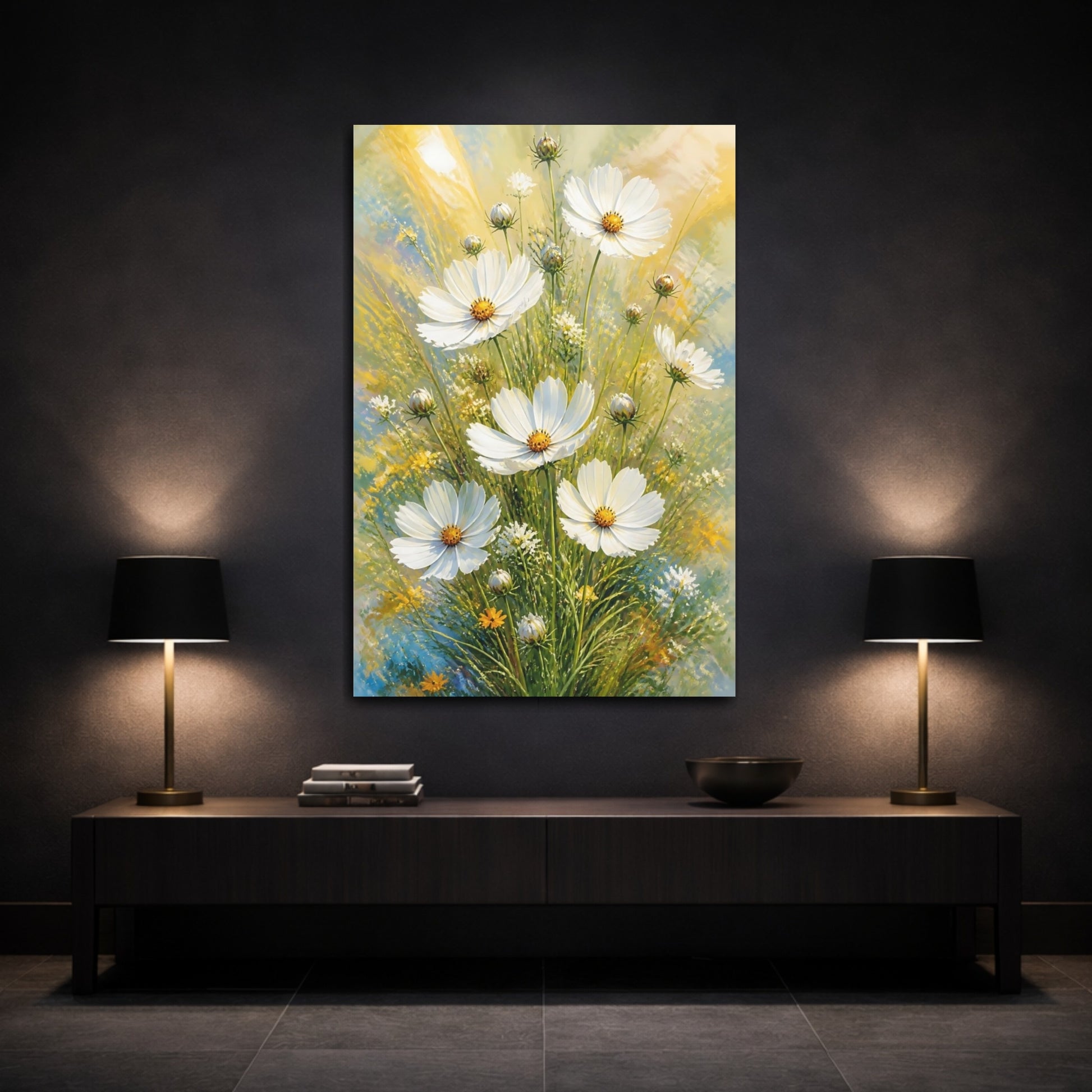 Mockup 3. White Cosmos Flowers Bouquet shown as canvas print
